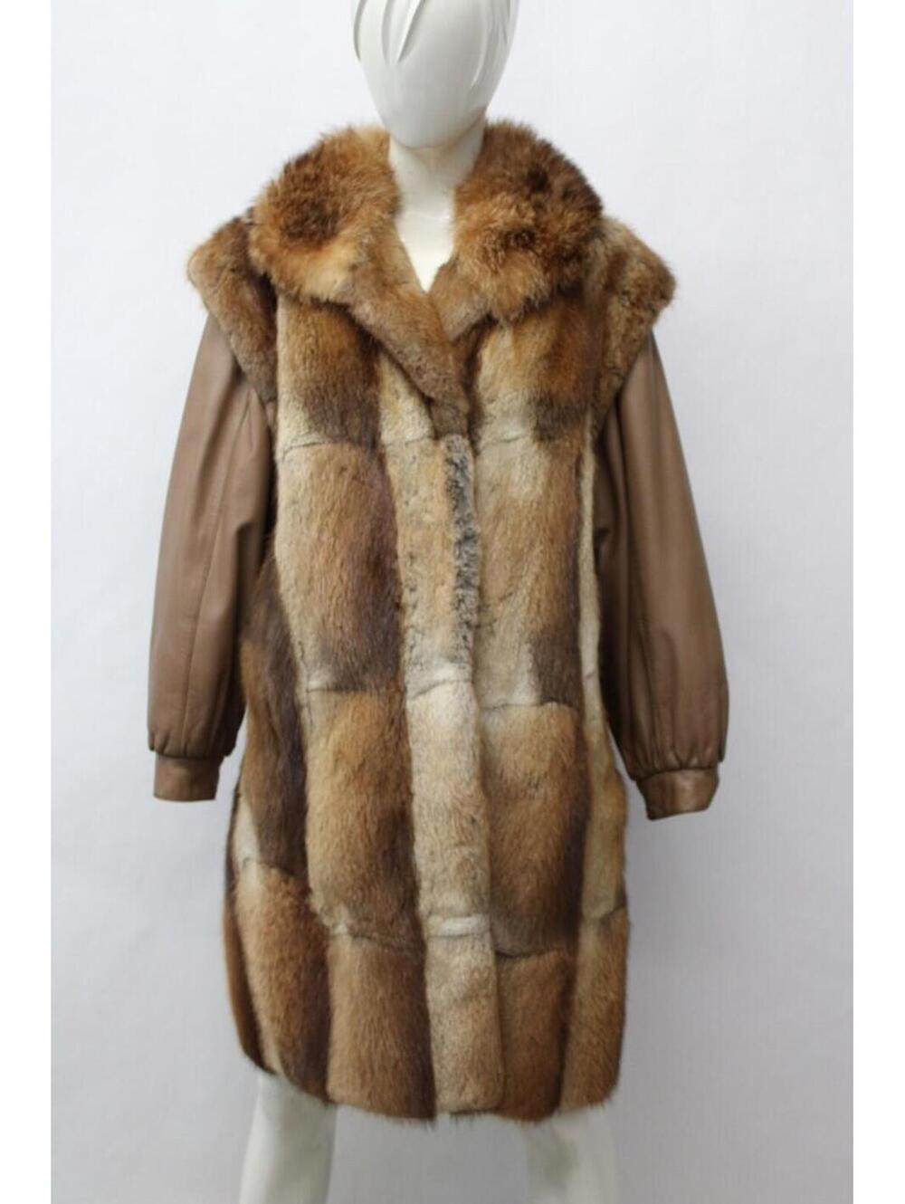 Excellent Brown Muskrat & Leather Fur Coat Jacket Women Woman Size 6 Small